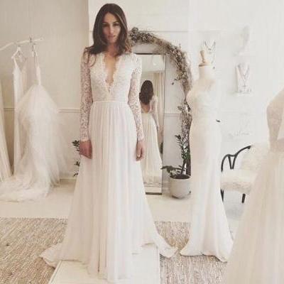 Sexy Chiffon Long Sleeve Wedding Dress,Lace V-neck Sweep Train Bridal Gown P1409