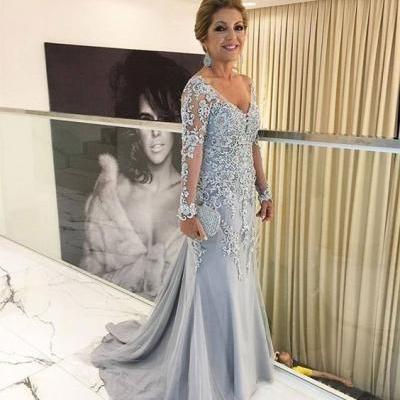 Elegant V Neck Mermaid Mother of the Bride Dress with Appliques Lace P1523