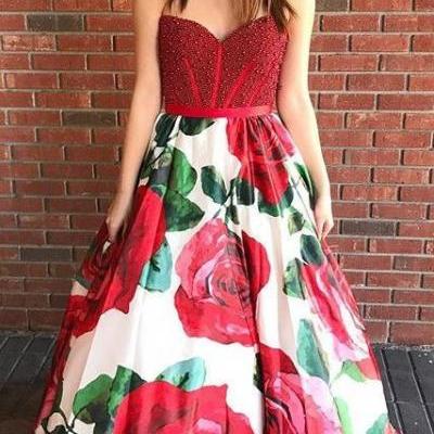 A-Line Sweetheart Floor-Length White Printed Prom Dress with Beading modest white floral printed long prom dresses,unique sweetheart evening dresses with beading P2541