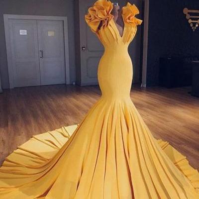 Unique yellow v neck long prom gown, evening dress PD20200844