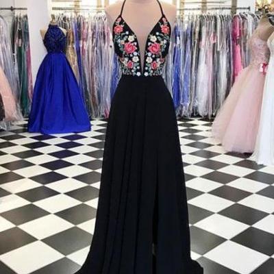 Black v neck lace long prom dress, black evening dress P1493 PD20198820