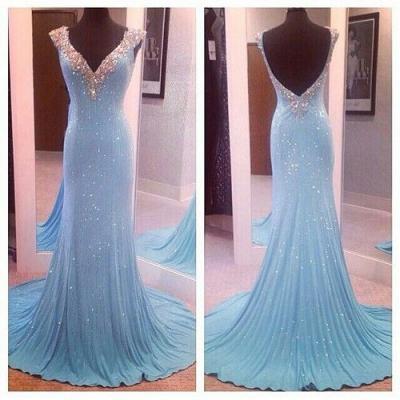 Light Blue Prom Dresses,Sequin Evening Dress,Sequined Prom Gowns,Open Back Prom Gown,Beautiful Formal Gown,V neck Evening Dress,Beaded Prom Dress PD20191358