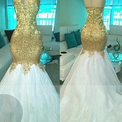 Gold Beading V-neck Halter Prom Dresses Open Back Sexy Mermaid Popular Evening Gown PD20191717
