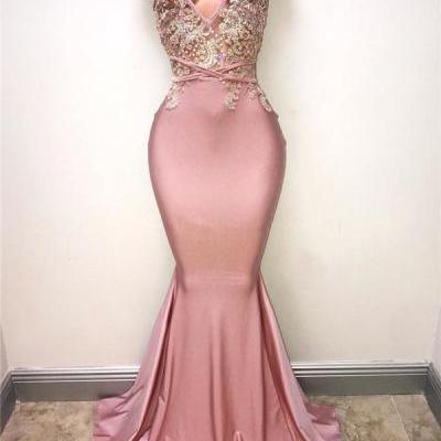 V-neck Pink Evening Dress Straps Beads Appliques Mermaid Sexy Prom Dress PD20191853