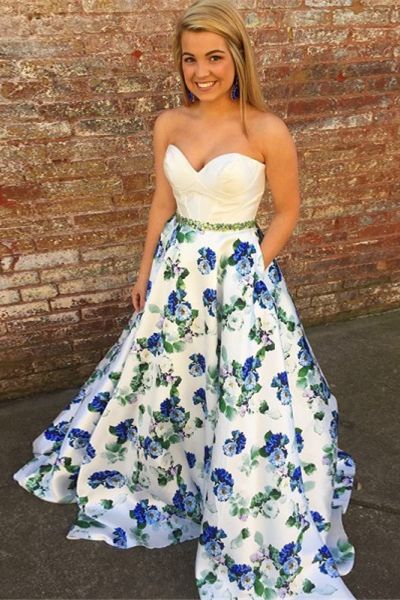 A line Sweetheart Sweep Train White Floral Prom Dress With Pockets