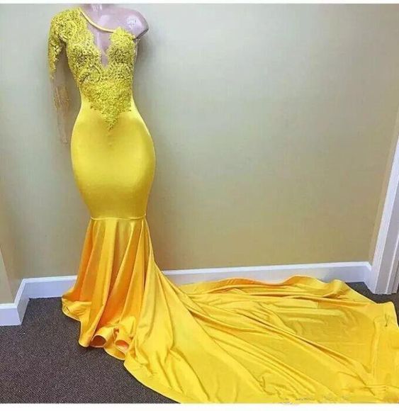Sexy African Lace Prom Dresses Yellow One Shoulder Long Sleeve