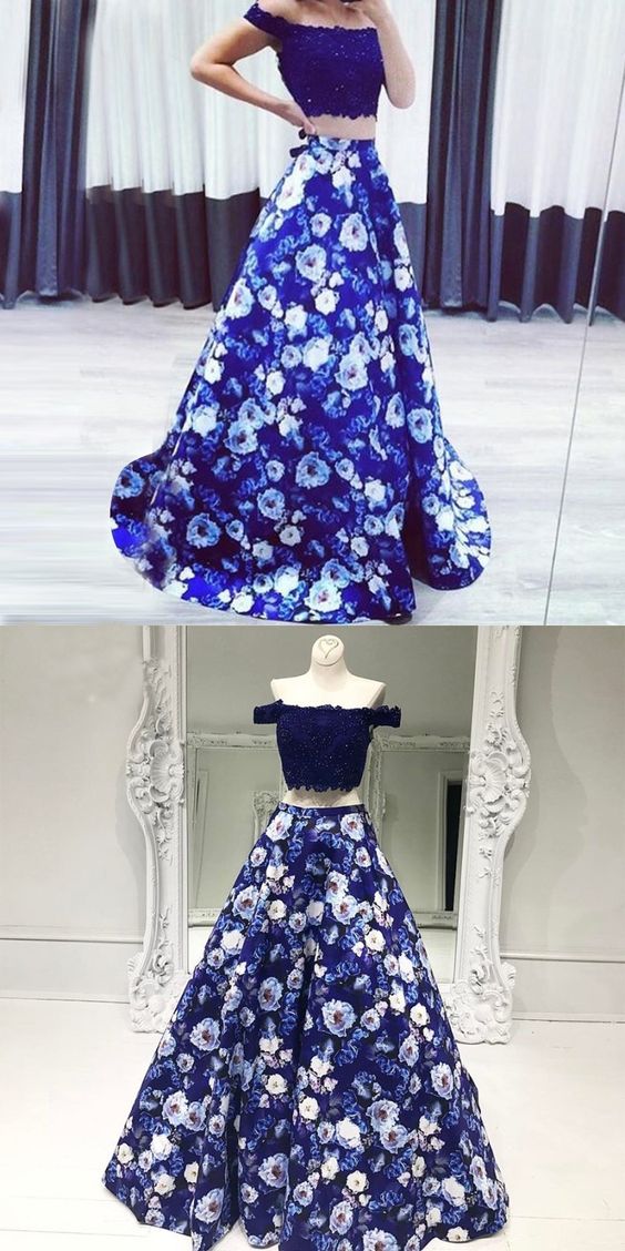 Navy blue floral prom dress discount