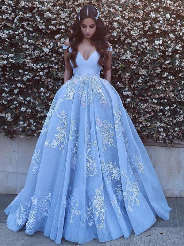 Elegant Light Blue Off The Shoulder Ball Gown Prom Dress Wedding