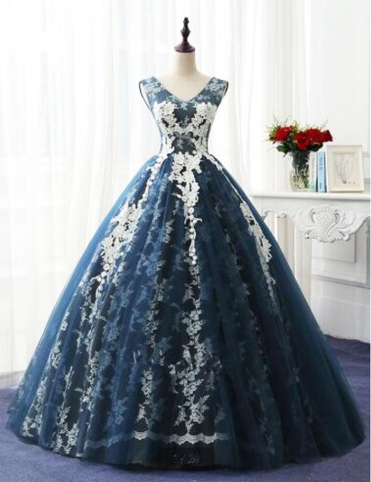 Navy Blue Tulle V Neckling Long Winter Formal Prom Dress Long