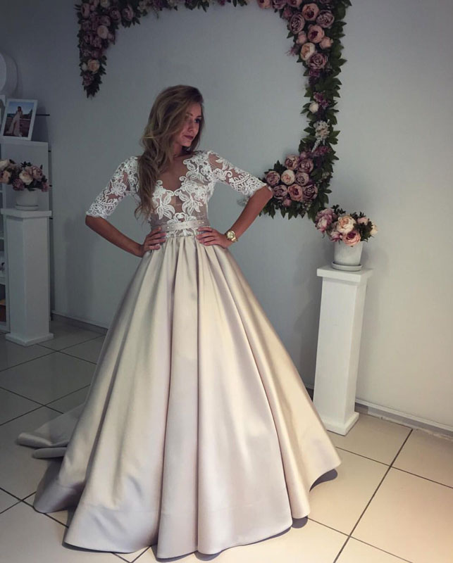 satin lace prom dress