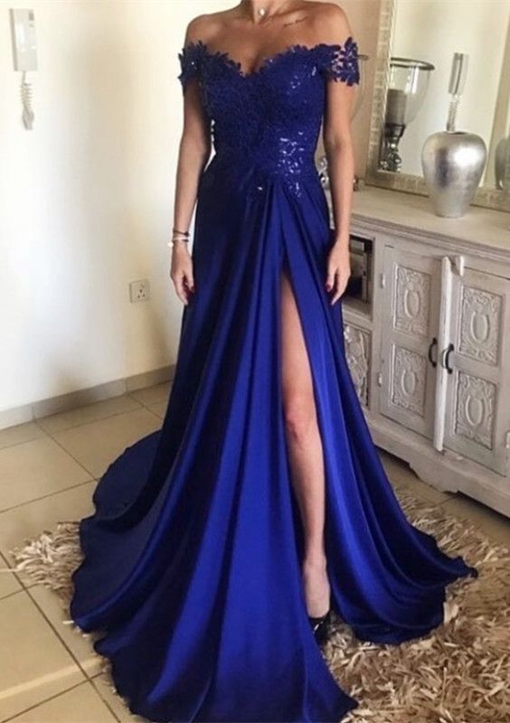 Lace Off  The Shoulder  Long  Royal  Blue  Prom  Dresses  2022 