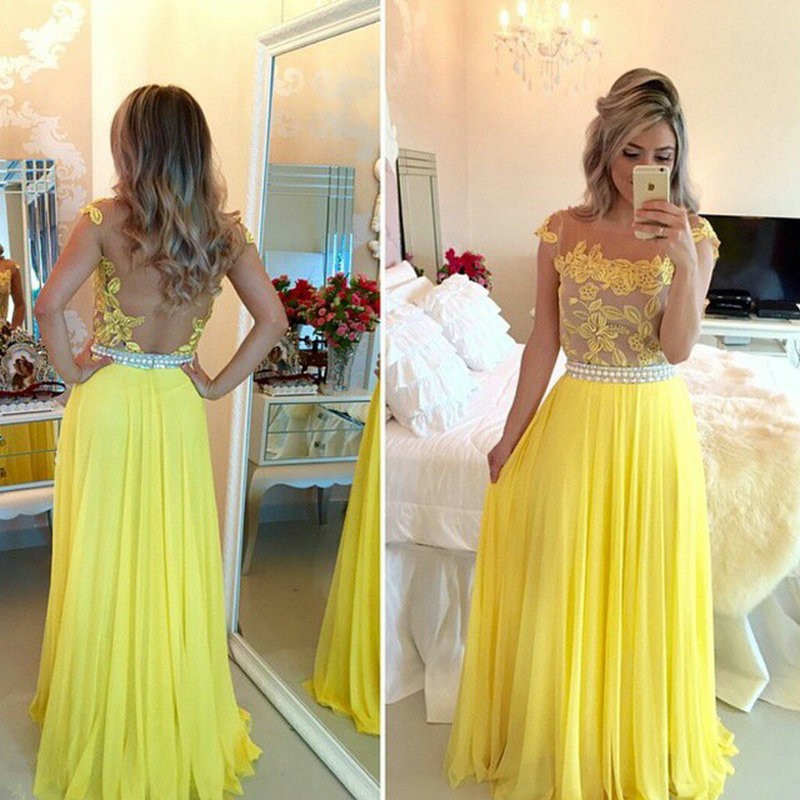 Tulle Prom Dresses yellow Prom Dress modest Prom Gown chiffon Prom