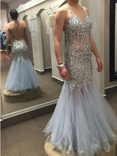 light blue backless prom dress