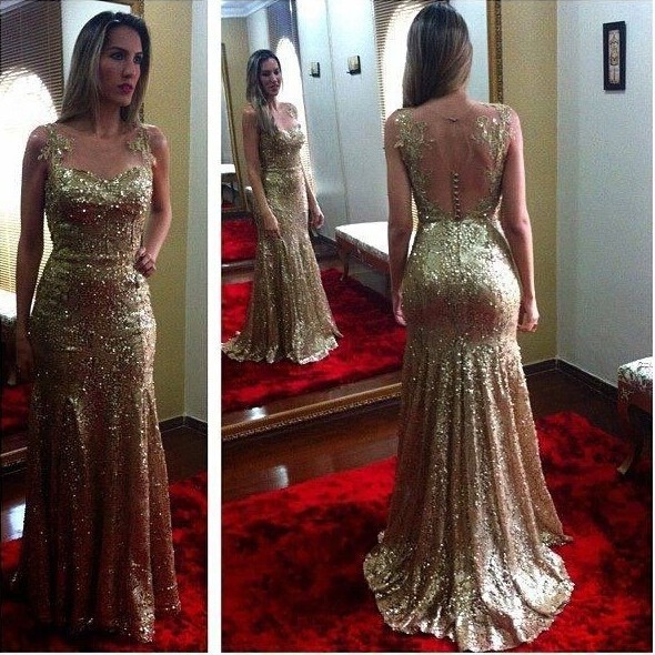 red prom dress with gold accessories