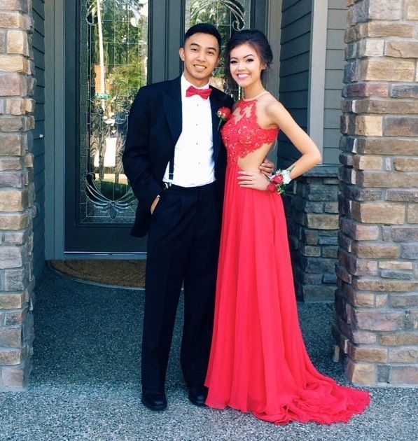 red prom dress with date