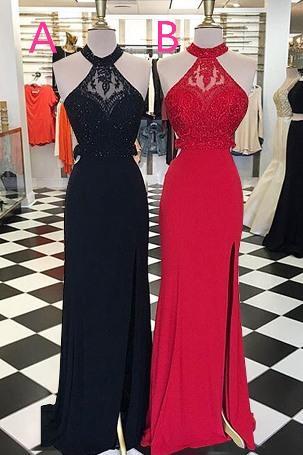 black prom dress with red accessories