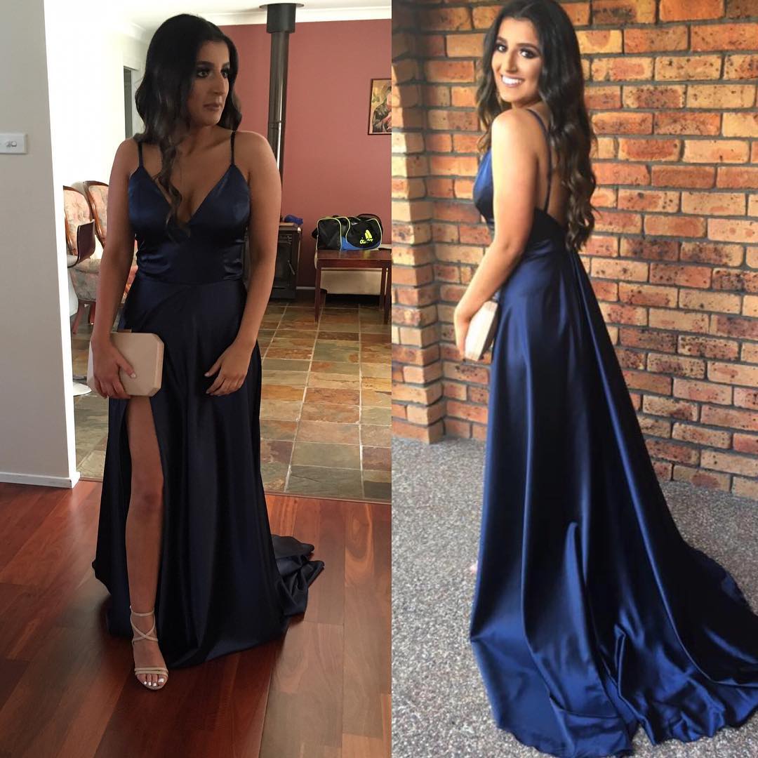 blue silk evening gown