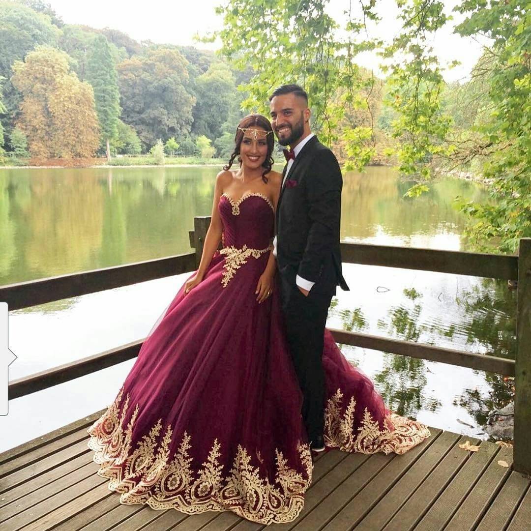 wine red and gold wedding dresses