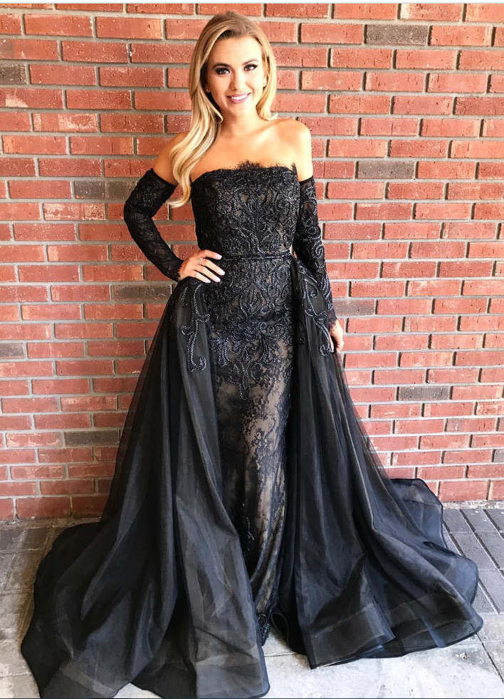 Strapless Sheath Black Lace Long Prom Dresses With Over Skirt