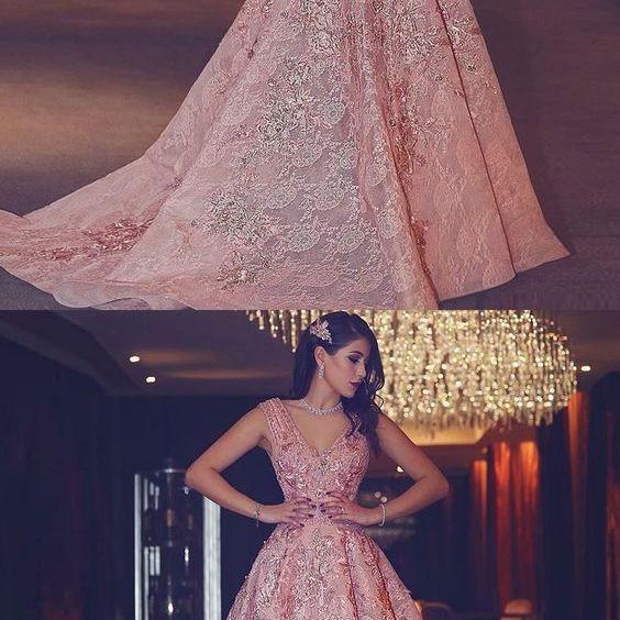 ALine VNeck FloorLength Pink Lace Prom Dress With Appliques
