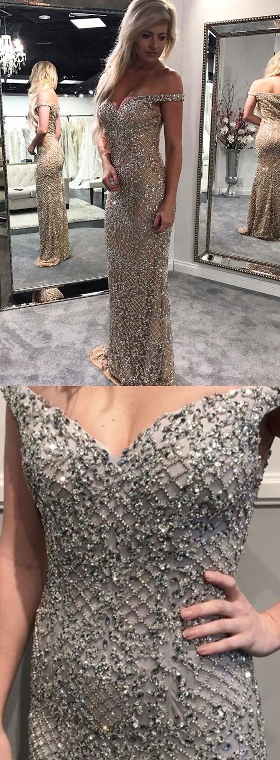Mermaid Off-the-Shoulder Champagne Long Prom Dress With Beading P1759 ...