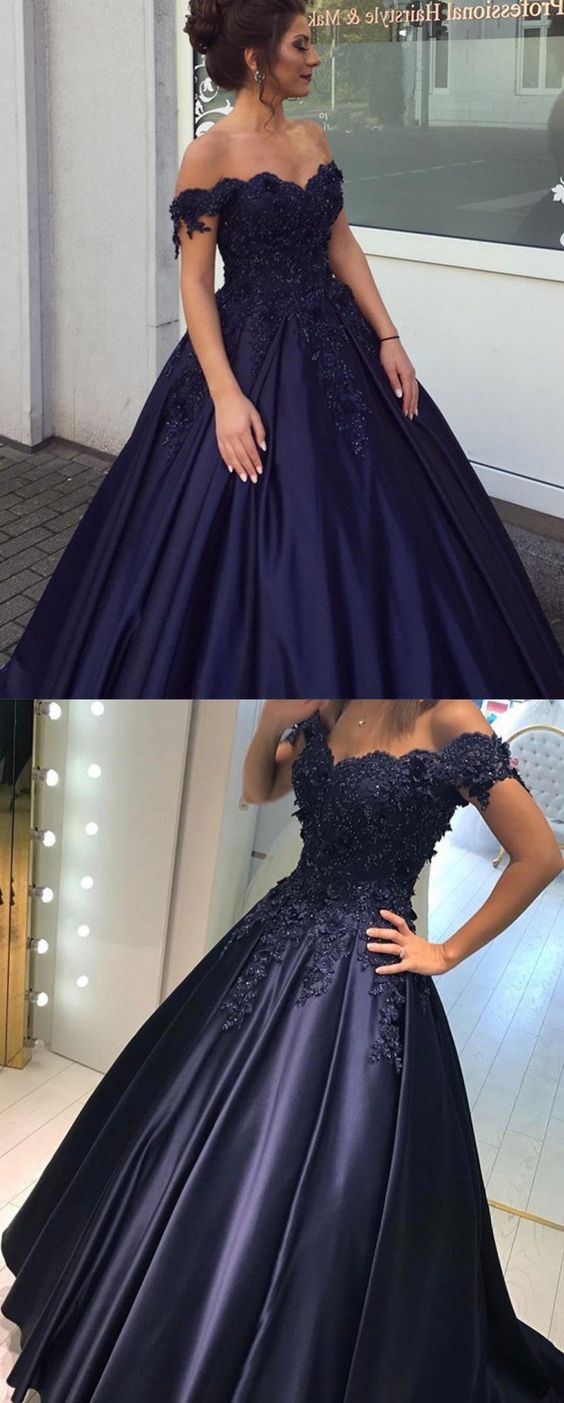 Navy Blue Lace Flower Off The Shoulder Satin Prom Dresses Ball Gowns ...