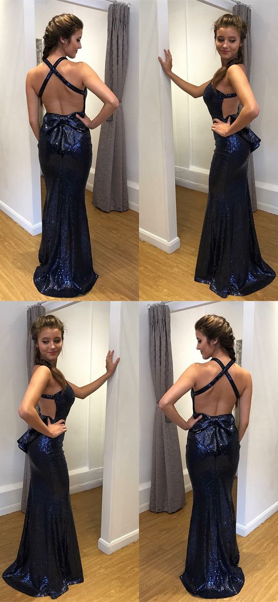Mermaid Spaghetti Straps Sweep Train Navy Blue Sequined Prom Dress With ...