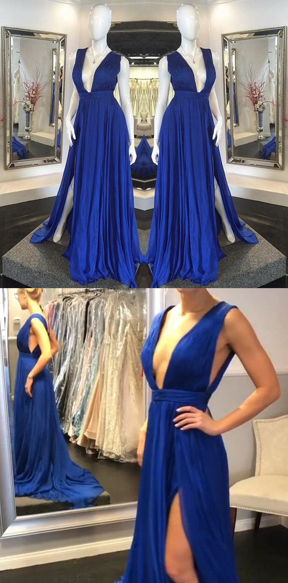 Royal Blue Deep V Neck Formal Gown,Backless Chiffon Long Maxi Dress ...