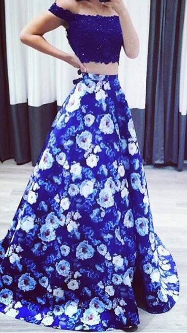 royal blue floral prom dress